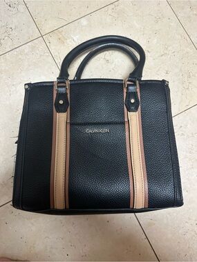 Calvin Klein Calvin Klein Small Navy Leather Satchel Purse Bag with Tan Stripes